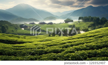 Ancient tea gardens of Yunnan Province, where Pu-erh tea trees thrive. Lush greenery and serene ambiance of tea-producing region. Landscape, plantation tea harvest. Beautiful background. 120352407