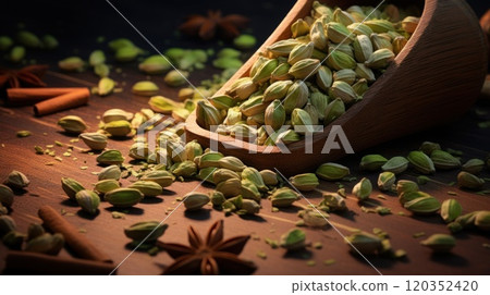 Green cardamom pods in wooden scoop with star anise and cinnamon sticks on dark background, ideal for use in the food and drink industry. Aromatic Spice for tea, hot chocolate, coffee, cocoa 120352420
