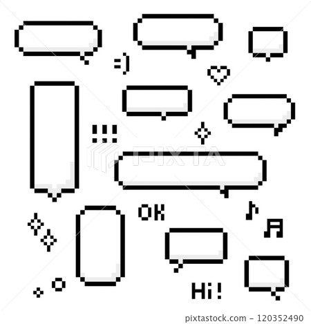 A collection of pixel art speech bubbles in various shapes and sizes, perfect for adding retro style text or designs to your digital and creative projects. 120352490