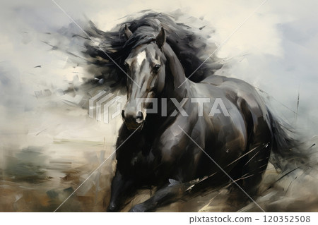 Majestic Black Horse Galloping in Field. Power and Grace of Wild Horse in Motion. Illustration in style of oil painting, rough brush strokes. Concept of freedom and beauty of wild animal. 120352508