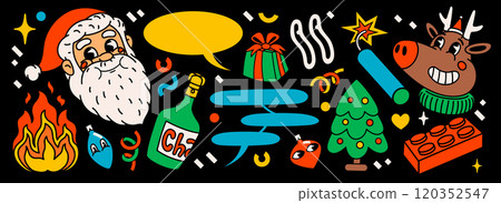 groovy Christmas cartoon stickers. Groovy vintage 70s funny Santa Claus, deer, gift and Christmas tree and other elements. 120352547