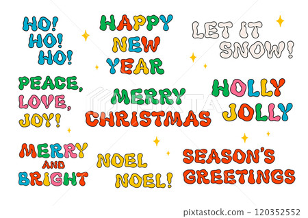 Retro style Christmas greeting text Groovy vintage christmas quotes. Ideal for Christmas and New Year sticker designs and decorations, vector illustration. Retro style Christmas greeting text Groovy vintage christmas quotes. Ideal for Christmas and New Year sticker designs and decorations, vector illustration. 120352552