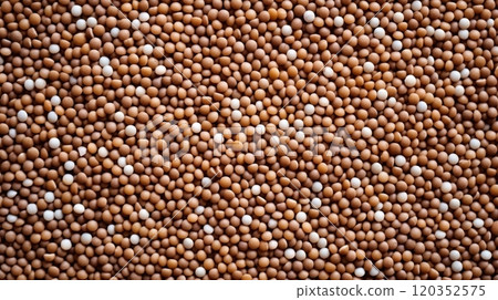Close-up of mustard seeds scattered on the table, top view. Mustard seeds texture. Suitable for food and nutrition related content. Ideal for use in culinary and health-related designs. Copy space. 120352575