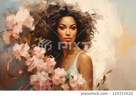 Beautiful brunette African American woman with delicate Peach flowers. Romantic lady. Illustration in style of oil painting. Postcard, greeting for International Womens Day. Valentine day. Wall decor 120352620