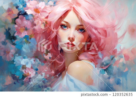 Beautiful Caucasian woman with pink hair and flowers. Romantic lady. Illustration in style of oil painting. Postcard, greeting for International Womens Day. Valentine day. Wall decor, print. 120352635