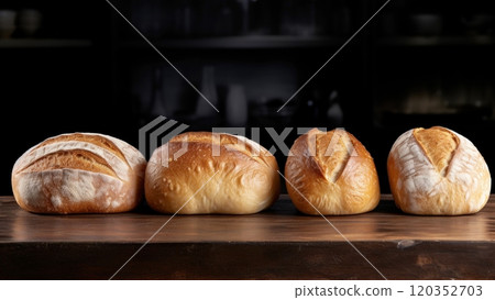 Freshly baked white wheat bread loaves neatly arranged on a table, set against blurred backdrop of store or bakery. With copy space. Ideal for food blog, advertising, bakehouse, cafe, supermarket. 120352703