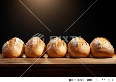 Freshly baked white wheat bread loaves on table on dark background. With copy space. Ideal for food blog, advertising, bakehouse, cafe, supermarket, bakery. 120352704