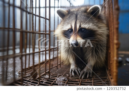 Raccoon locked in cage. Skinny lonely Raccoon in cramped jail behind bars with sad look. Ideal for use in articles about animal rights, wildlife conservation, animal welfare and conditions of zoos 120352732