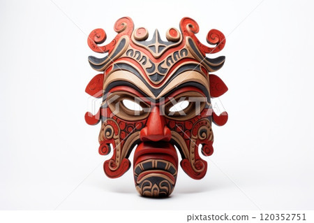 Carnival red mask for the festival. Aztec traditional, ceremonial mask on a white background. Warrior mask. Tribal totem. Perfect for travel, art, cultural-themed project. Travel souvenir. 120352751