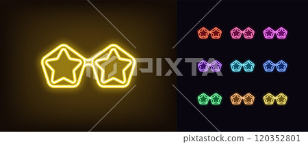 Outline neon superstar sunglasses icon set. Glowing neon glamour sunglasses with star lens, retro style spectacles. Fashion star glasses, party eyewear, pop disco style, modern sunglass. Vector icons Outline neon superstar sunglasses icon set. Glowing neon glamour sunglasses with star lens, retro style spectacles. Fashion star glasses, party eyewear, pop disco style, modern sunglass. Vector icons 120352801