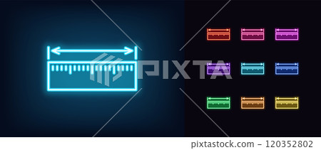 Outline neon ruler icon set. Glowing neon measuring ruler with dimension arrow, length or width measure. Shoes or clothes size, measure scale, body parameter size, overall dimension. Vector icons Outline neon ruler icon set. Glowing neon measuring ruler with dimension arrow, length or width measure. Shoes or clothes size, measure scale, body parameter size, overall dimension. Vector icons 120352802