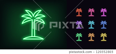 Outline neon palm tree icon set. Glowing neon coconut palm tree, tropical oasis. Exotic palm island and tropical paradise, summer holiday in Hawaii, California beach, vacation in Miami. Vector icons Outline neon palm tree icon set. Glowing neon coconut palm tree, tropical oasis. Exotic palm island and tropical paradise, summer holiday in Hawaii, California beach, vacation in Miami. Vector icons 120352803