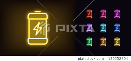 Outline neon electric battery icon set. Glowing neon battery with lightning icon, charging accumulator. Energy efficiency level, electricity consumption control, device power management. Vector icons Outline neon electric battery icon set. Glowing neon battery with lightning icon, charging accumulator. Energy efficiency level, electricity consumption control, device power management. Vector icons 120352804