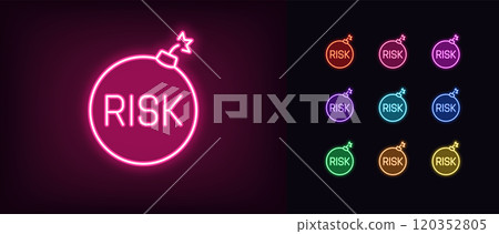Outline neon dangerous risk icon set. Glowing neon bomb with text Risk, warning bomb tag. Risk management and assessment, danger caution, threat control, financial problem, security rate. Vector icons 120352805