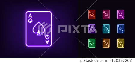 Outline neon spade ace icon set. Glowing neon card ace with spade icon, outline silhouette. Spade card, poker game, play card suit, poker playroom, gambling casino game, black jack. Vector icons Outline neon spade ace icon set. Glowing neon card ace with spade icon, outline silhouette. Spade card, poker game, play card suit, poker playroom, gambling casino game, black jack. Vector icons 120352807
