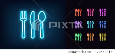 Outline neon cutlery icon set. Glowing neon utensils cutlery set with fork, knife and spoon. Kitchen tableware, silverware, festive dinner, restaurant meal, dining table, canteen. Vector icons 120352817