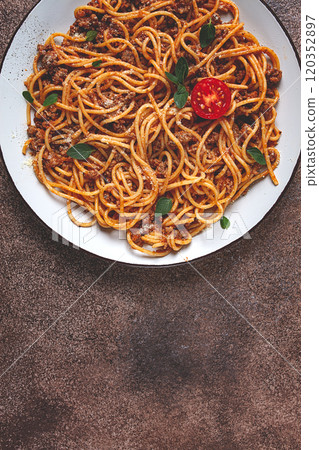 Spaghetti Bolognese, top view, close-up, no people, homemade, Spaghetti Bolognese, top view, close-up, no people, homemade, 120352897