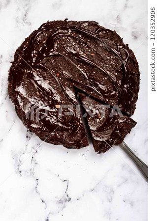 chocolate cake, round cake, on a marble light table, top view, homemade cakes, no people, chocolate cake, round cake, on a marble light table, top view, homemade cakes, no people, 120352908