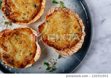scallop shells, stuffed, baked with cheese, in the oven, julienne with scallops, scallop shells, stuffed, baked with cheese, in the oven, julienne with scallops, 120352931