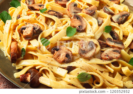 fettuccine with champignons, basil, in cream sauce, homemade, no people, 120352932