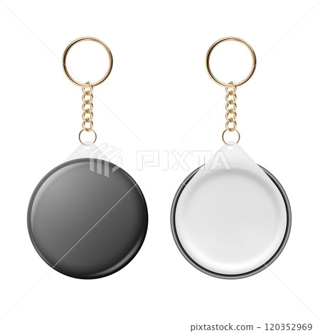 Vector 3d Realistic Round Keychain, Design Template for Printing, Mockup. Round Blank Keychain Design Element for Promo, Souvenir, Prints or Logos. ID Badge Vector Illustration, Front, Back Side View 120352969