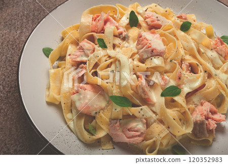 tagliatelle pasta, in cream sauce with salmon, homemade, no people, tagliatelle pasta, in cream sauce with salmon, homemade, no people, 120352983