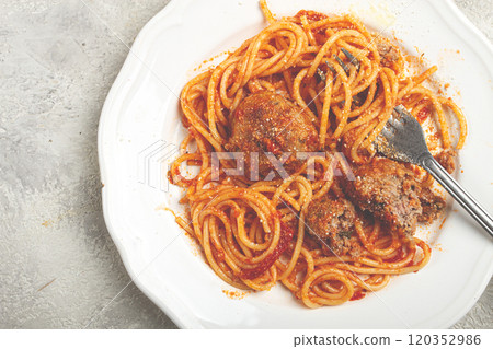 spaghetti with meatballs in tomato sauce, on a white plate, no people, homemade, 120352986