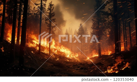 Wildfire. Forest Fire Causes Massive Destruction. Forest Engulfed in Flames. Disaster. Ecological catastrophe. Burning trees and orange smoke. For awareness campaigns on fire safety and prevention Wildfire. Forest Fire Causes Massive Destruction. Forest Engulfed in Flames. Disaster. Ecological catastrophe. Burning trees and orange smoke. For awareness campaigns on fire safety and prevention 120353040