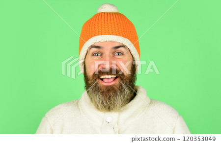 Head in warm hat. Handsome man knitted hat with pom pom. Fashion concept. Winter clothes and accessories. Mature emotional hipster funny style accessory. Feeling good. Bearded hipster. Hipster style Head in warm hat. Handsome man knitted hat with pom pom. Fashion concept. Winter clothes and accessories. Mature emotional hipster funny style accessory. Feeling good. Bearded hipster. Hipster style 120353049