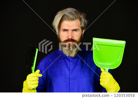 I did it. Male Janitor Cleaning With Broom. Man cleaning home with broom. Janitor man sweeping. spring cleaning. cleaning service people. mature male worker with broom clean 120353058