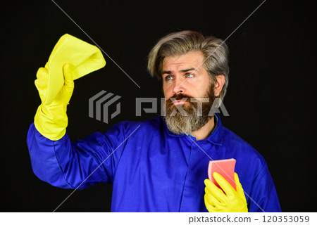 Oh no. House cleaning. bearded man doing housework and cleaning. handsome man with washing gloves. Morning hygiene. Husband housekeeping and cleaning concept 120353059