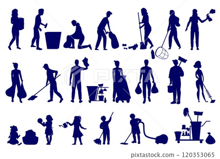 Adults and children engaged in house cleaning silhouette set 120353065