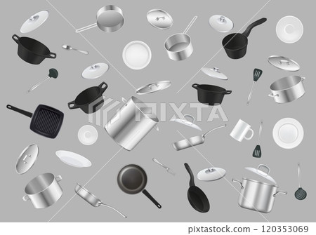 Falling cookware cooking pattern realistic vector illustration Falling cookware cooking pattern realistic vector illustration 120353069