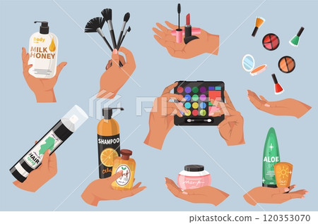 Cosmetics products for face, body, hair, nails and makeup in hands set Cosmetics products for face, body, hair, nails and makeup in hands set 120353070