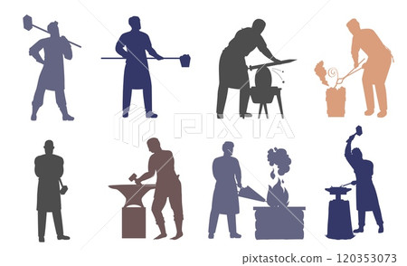 Blacksmith characters at work colorful silhouette set Blacksmith characters at work colorful silhouette set 120353073
