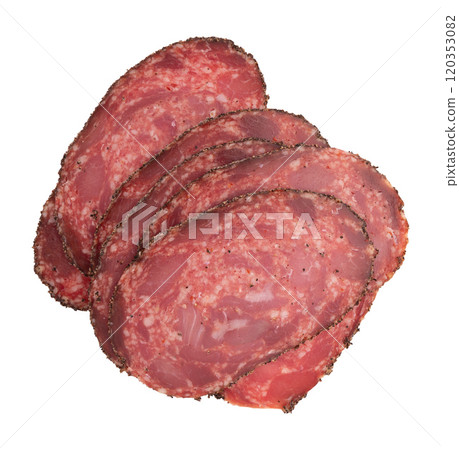 slices of spanish sausage isolated on white 120353082