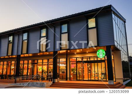 Sennooto (Main Building) at dusk - Japan's largest wooden ZEB building 120353099