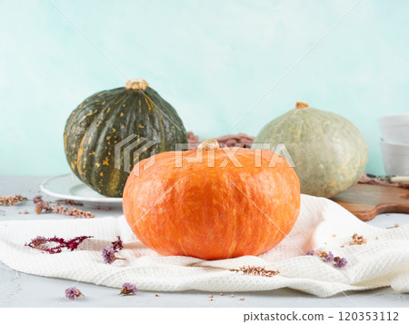 Three vibrant pumpkins stillife on table cloth with dried flowers 120353112