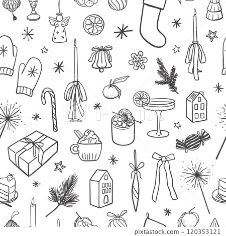 Hand drawn Christmas decorations and drinks seamless pattern 120353121