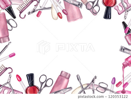 Manicure tools and nail polish in pink red colors watercolor horizontal frame. Cream tube, color palette, steel nail trimmer, cuticle scissors, clippers, brush and file. Empty space for text Manicure tools and nail polish in pink red colors watercolor horizontal frame. Cream tube, color palette, steel nail trimmer, cuticle scissors, clippers, brush and file. Empty space for text 120353122