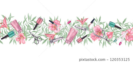 Manicure instruments and floral composition watercolor horizontal seamless banner. Nail pink, turquoise polish, trimmer, cuticle scissors, clippers for nail treatment among flowers and leaves Manicure instruments and floral composition watercolor horizontal seamless banner. Nail pink, turquoise polish, trimmer, cuticle scissors, clippers for nail treatment among flowers and leaves 120353125