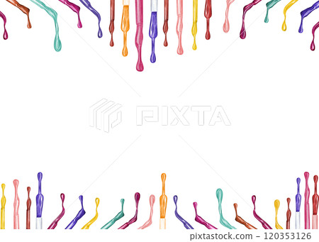 Colored nail polish dripping from brushes watercolor horizontal border. Falling drips palette painted in realistic style. Bright colored illustration with copy space for text. For label, greeting card Colored nail polish dripping from brushes watercolor horizontal border. Falling drips palette painted in realistic style. Bright colored illustration with copy space for text. For label, greeting card 120353126