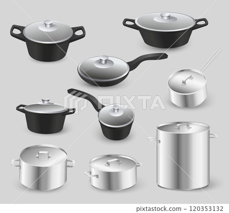 Home cooking dishes and kitchenware realistic vector illustration 120353132
