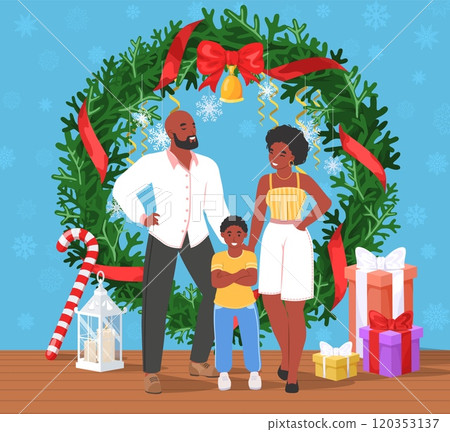 Family posing for photo over Christmas background 120353137