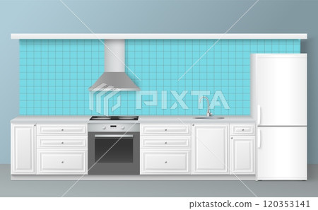 Kitchen without upper cabinets realistic design interior Kitchen without upper cabinets realistic design interior 120353141