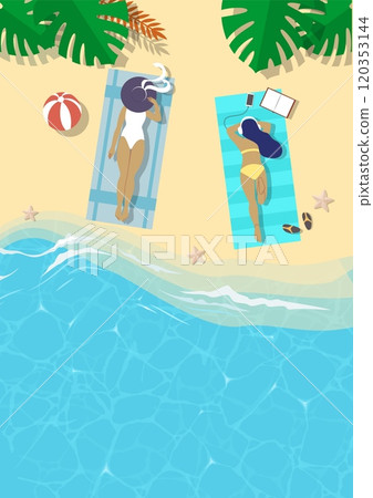 Young woman friends relaxing on beach vector illustration 120353144