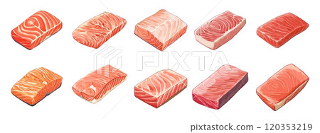 Slice of fresh raw red fish for suchi set. Pieces of tuna salmon hamachi flounder snapper. Menu healthy sea food poster app banner design element. Cartoon style isolated vector clipart collection 120353219