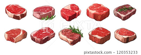 Raw meat red beef stake piece set with rosemary. Healthy uncooked food protein meal. Butcher shop menu culinary recipe dinner ingridient design element. Cartoon style isolated vector clipart 120353233