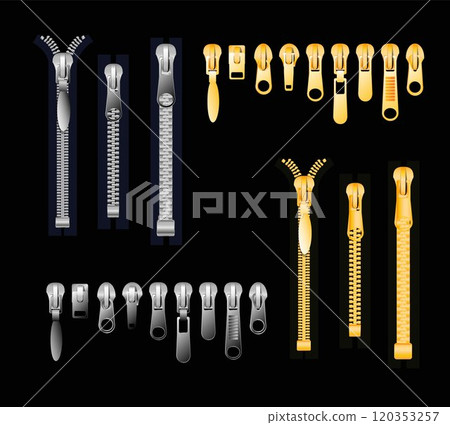 zipper Set of gold and silver metallic closed and open zippers and pullers realistic set isolated on black background vector illustration zipper Set of gold and silver metallic closed and open zippers and pullers realistic set isolated on black background vector illustration 120353257