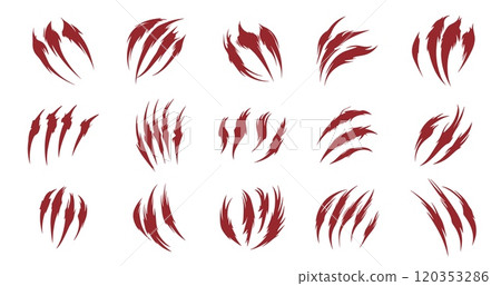 Claw scratches set. Shred from animal claw. Bloody scar marks signs. Halloween monster, lion, tiger, bear paw trace. Scary spooky poster sticker. Red color simple flat style isolated vector on white 120353286